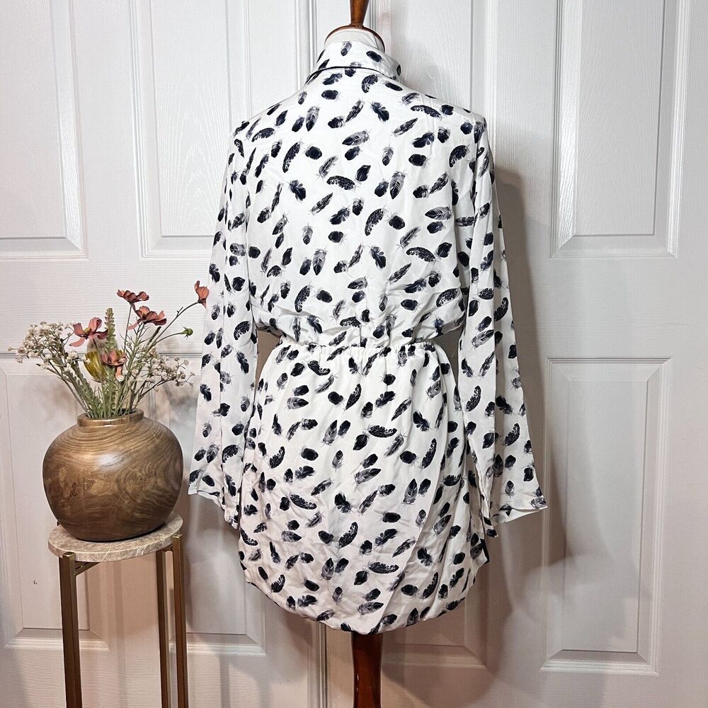 Grethel Womens 100% Silk Feather Print Blouson Dress Sz M Twee Office Artsy Y2K - Picture 4 of 13
